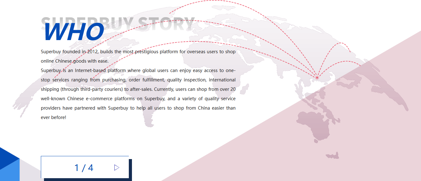 Superbuy about page describing the company as founded in 2012 and operating a one-stop platform for overseas users covering purchasing, order fulfilment, quality inspection, international shipping and after-sales