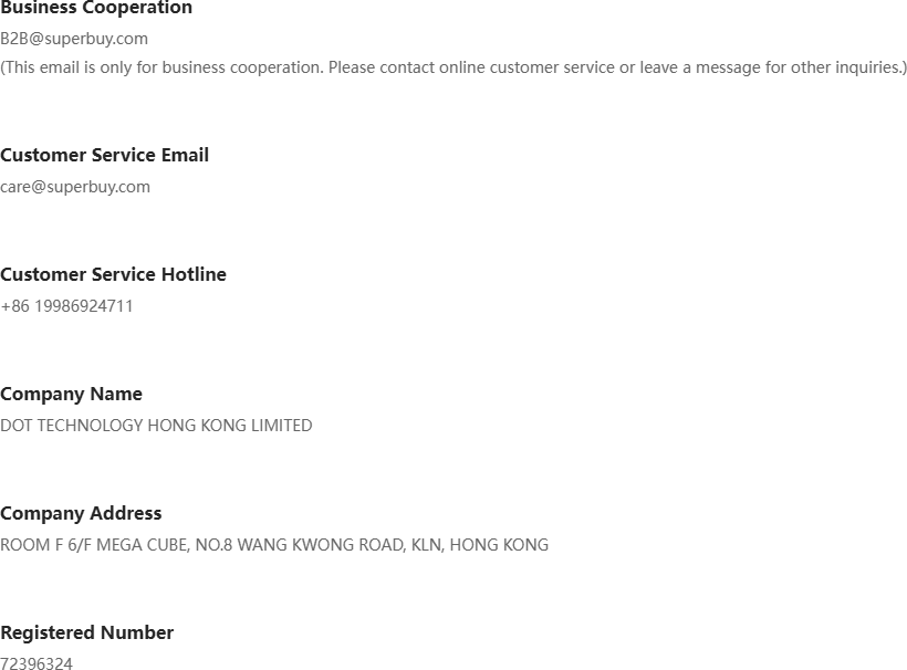 Superbuy contact page listing a business cooperation email, a customer service email, a hotline, the company name DOT TECHNOLOGY HONG KONG LIMITED, a Hong Kong address and registered number 72396324