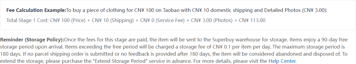 Superbuy fee page showing a worked example totalling 113 yuan and a storage policy reminder stating 90 days free storage, 0.1 yuan per item per day after that, a maximum of 180 days and disposal of abandoned items