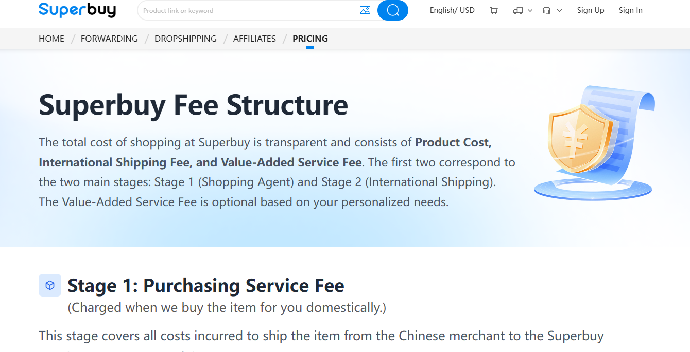 Superbuy fee structure page explaining that the total cost consists of product cost, international shipping fee and value-added service fee, with stage one covering the original product price, the China domestic shipping fee and the purchasing service fee