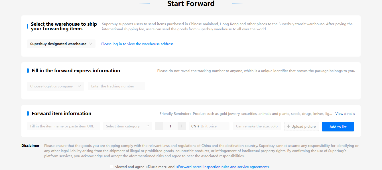 Superbuy forwarding page showing three numbered steps: select the warehouse to ship your forwarding items to, fill in the forward express information, and fill in the forward item information, followed by a disclaimer about prohibited goods and customs