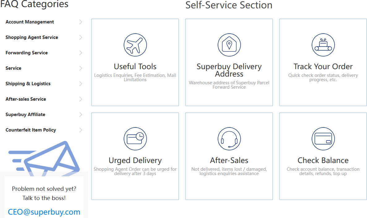 Superbuy help centre page with seven FAQ categories down the left and six self-service cards covering useful tools, the delivery address, order tracking, urged delivery, after-sales and balance checks