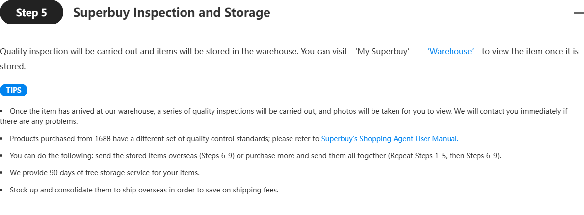 Superbuy user guidance step five, inspection and storage, stating that quality inspection is carried out and photos taken on arrival, viewable under My Superbuy and Warehouse, with 90 days of free storage and a recommendation to consolidate before shipping