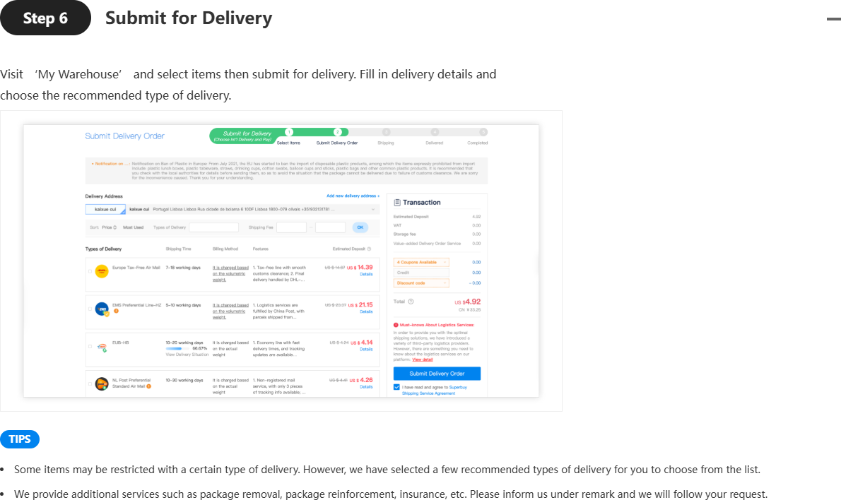 Superbuy user guidance step six, submit for delivery, showing the My Warehouse screen where items are selected and delivery details filled in, with tips noting that some items are restricted by delivery type and that package removal, reinforcement and insurance can be added