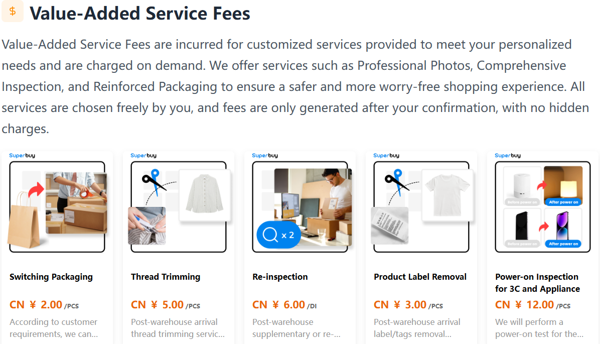 Superbuy value-added service grid showing switching packaging at 2 yuan, thread trimming at 5, re-inspection at 6, product label removal at 3 and power-on inspection for 3C goods at 12 yuan per piece
